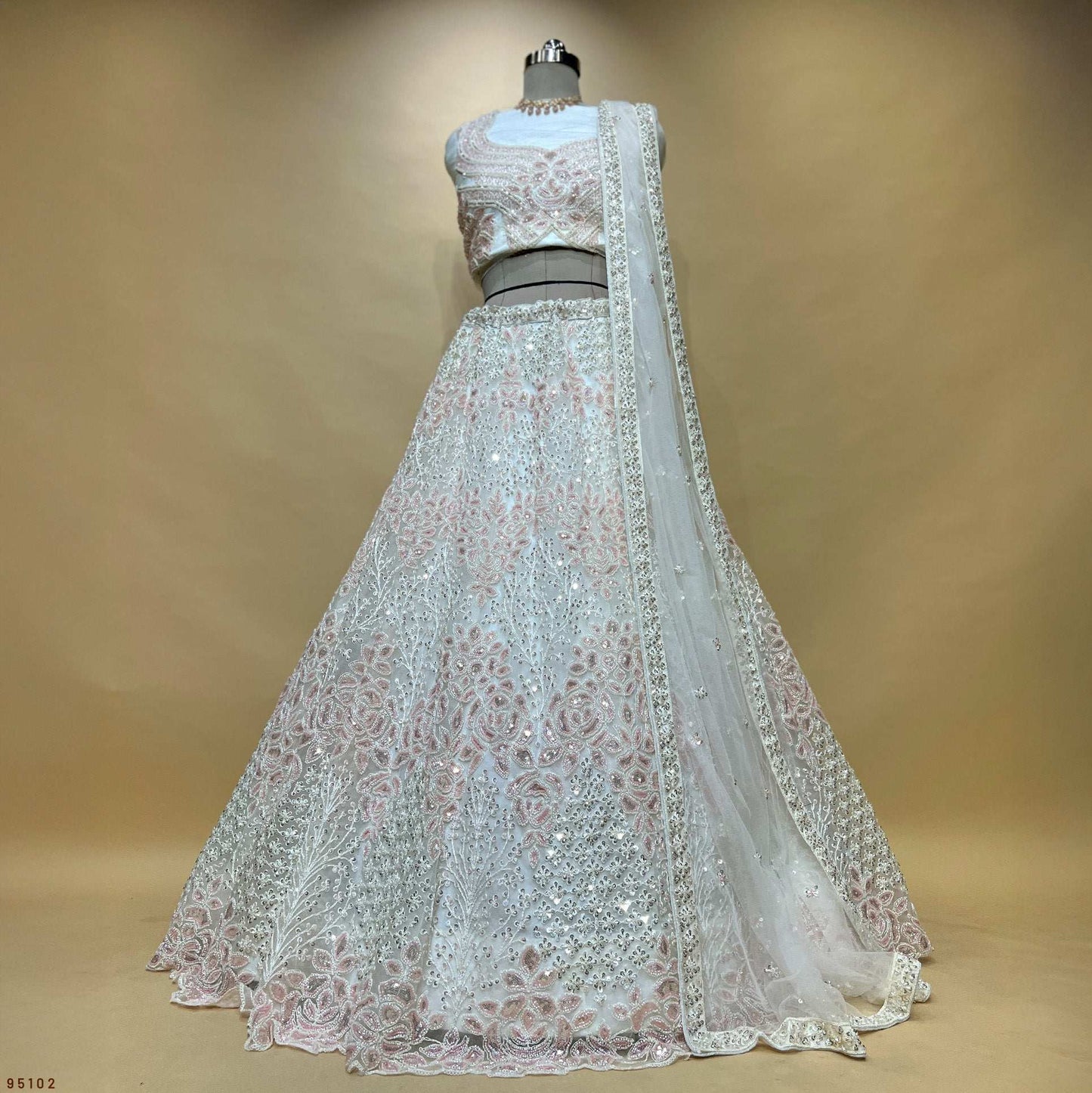 Jazzagals - Beads & Pearls Handwork Pearl White Engagement Lehenga