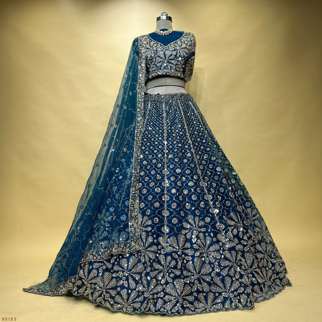 Navy blue beaded cocktail lehenga with embroidered bodice and flared skirt