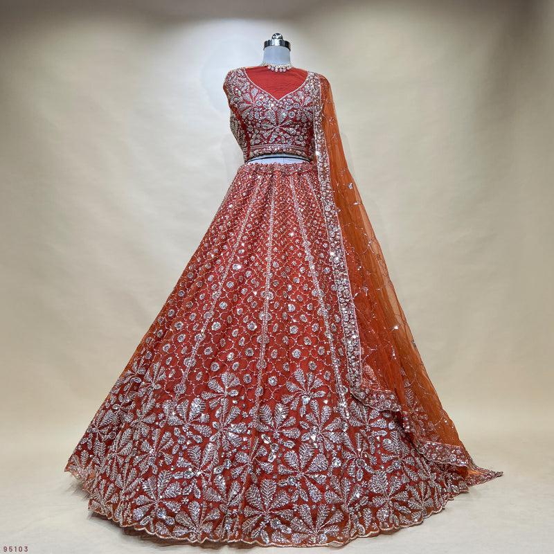 Jazzagals - Beads Handwork Rust Orange Partywear Lehenga