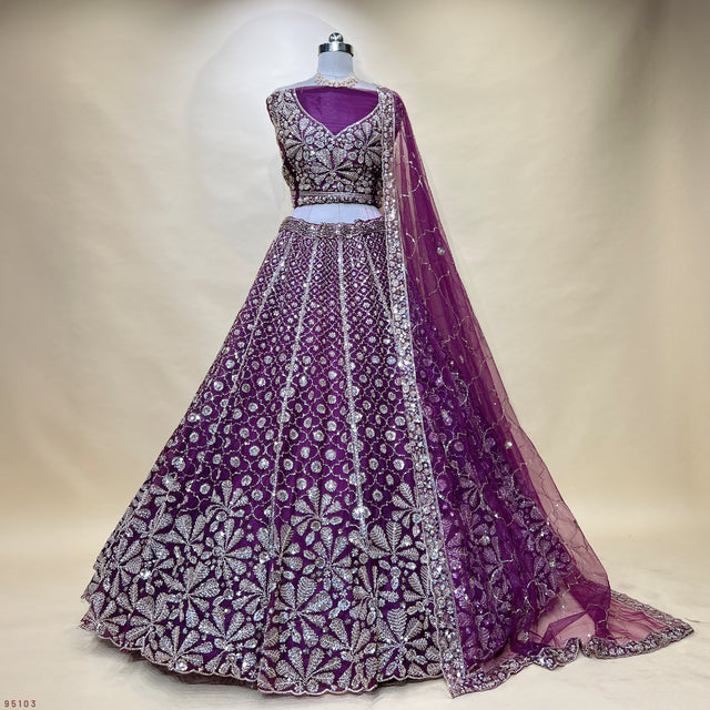 Wine-purple beaded cocktail lehenga with embroidered bodice and flared skirt