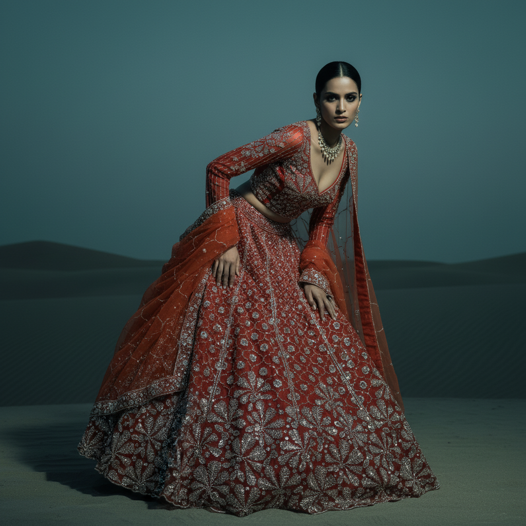 Jazzagals - Beads Handwork Rust Orange Partywear Lehenga