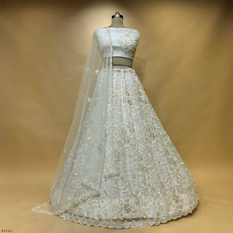 Jazzagals - Beads & Pearls Handwork Off White Designer Lehenga