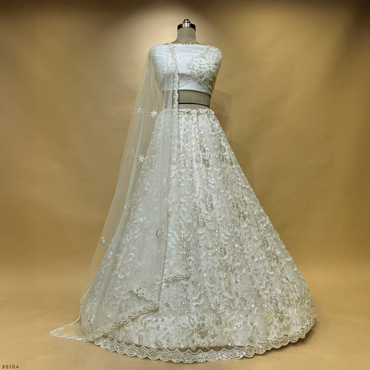 Jazzagals - Beads & Pearls Handwork Off White Designer Lehenga