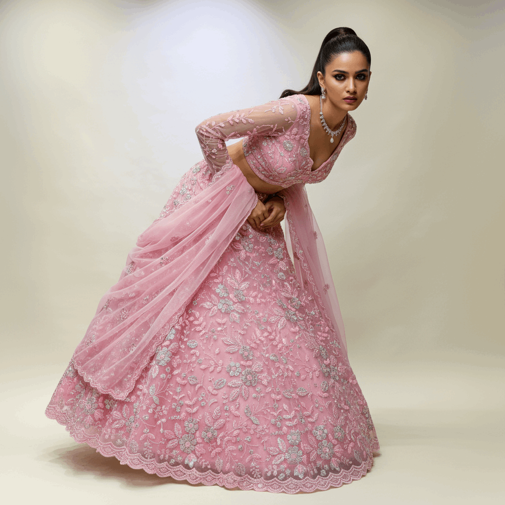 Jazzagals - Beads & Pearls Handwork Soft Pink Designer Lehenga