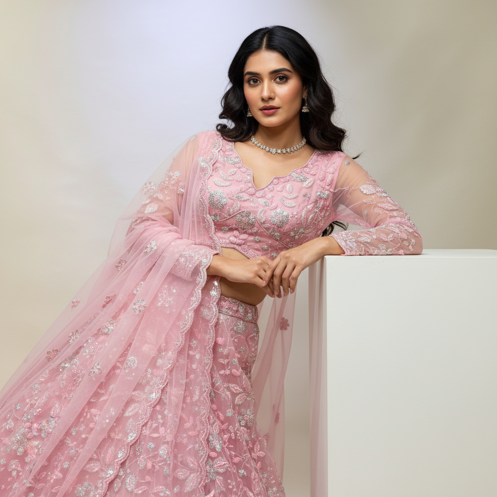Jazzagals - Beads & Pearls Handwork Soft Pink Designer Lehenga