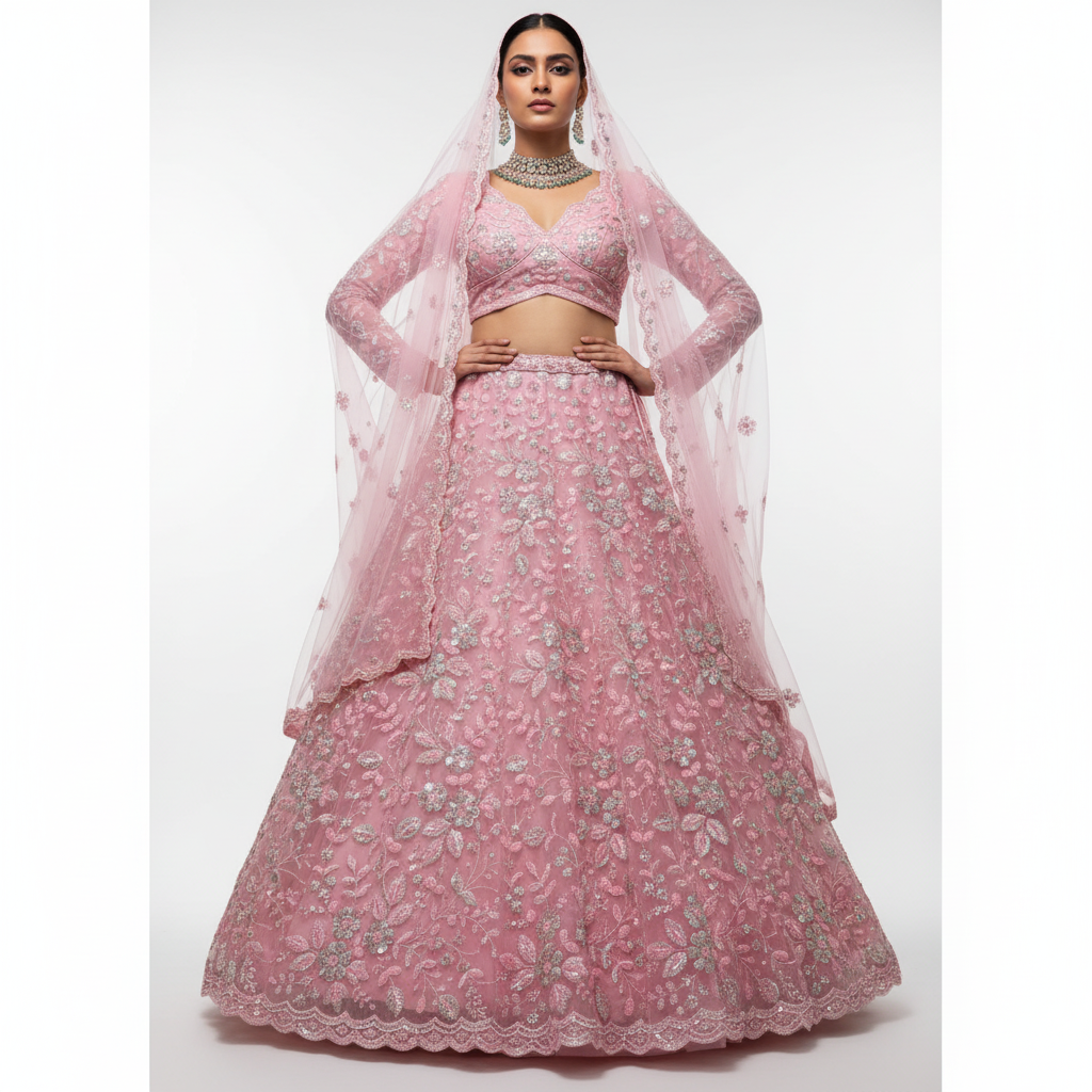 Jazzagals - Beads & Pearls Handwork Soft Pink Designer Lehenga