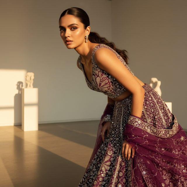 Side view wine-purple beaded lehenga with sheer sleeves and draped dupatta
