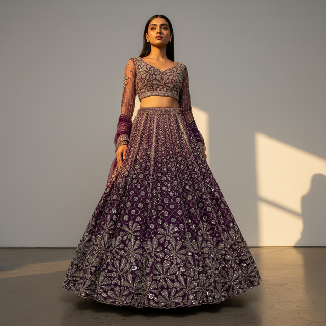 Wine-purple long-sleeve blouse and flared lehenga skirt with beadwork