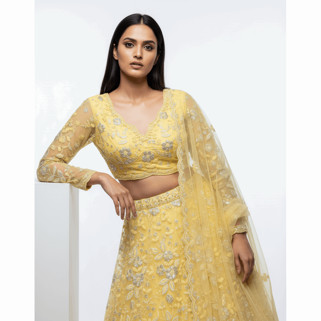 Jazzagals - Beads & Pearls Handwork Yellow Colored Designer Lehenga
