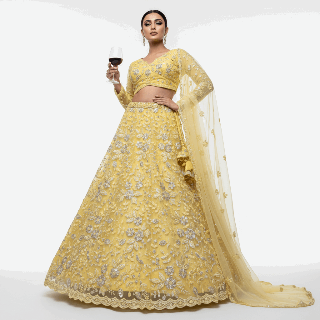 Jazzagals - Beads & Pearls Handwork Yellow Colored Designer Lehenga