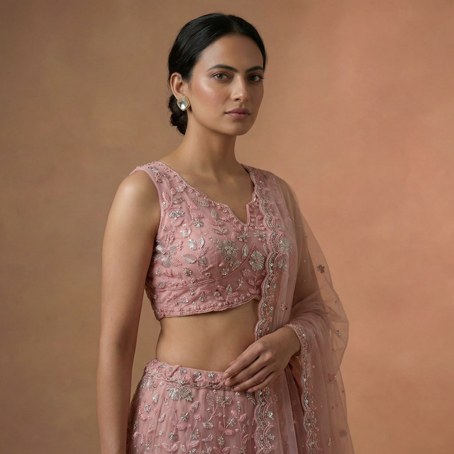 Soft pink embellished V-neck blouse and lehenga skirt with beadwork and sheer dupatta.
