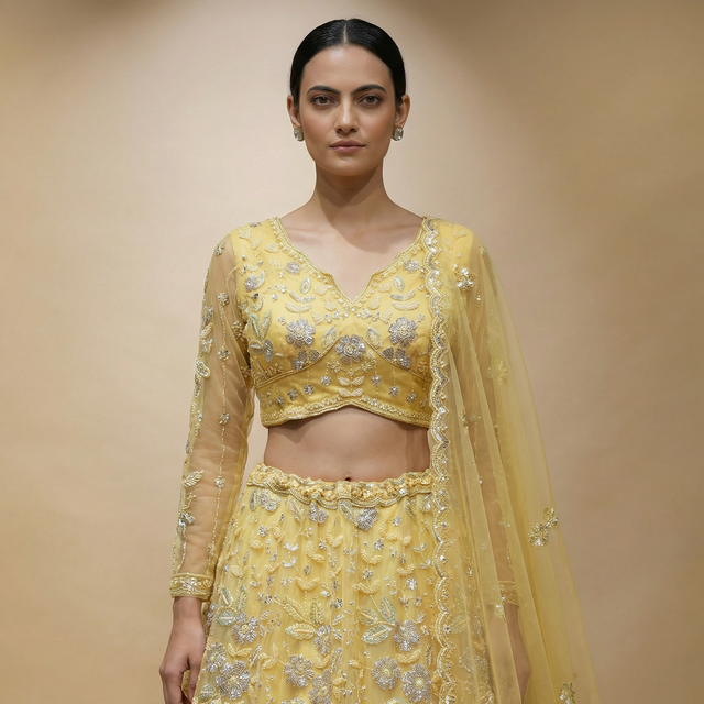 Yellow beaded lehenga set with cropped blouse, floral motifs, and sheer sleeves