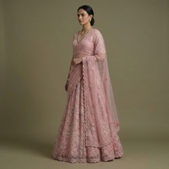 Soft pink lehenga with sheer dupatta and beadwork detailing, flare skirt and blouse