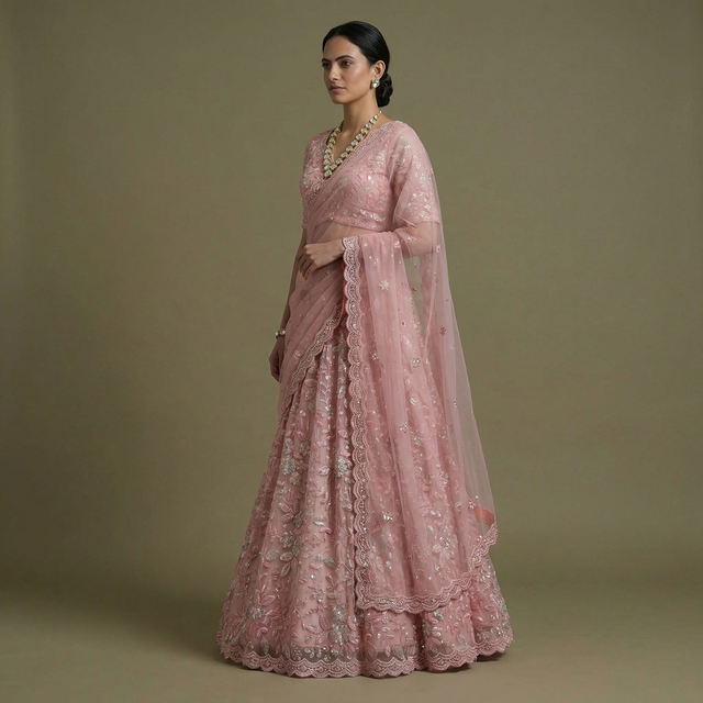 Soft pink designer lehenga with bead and pearl embroidery and flowing sheer dupatta drape.