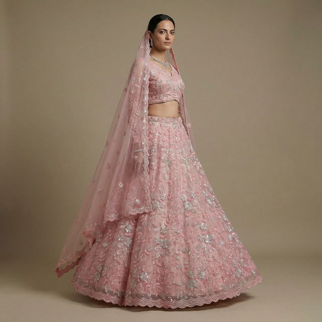 Soft pink lehenga set with V-neck blouse and long sheer dupatta, bead and pearl work.