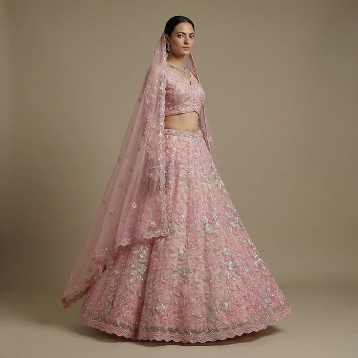 Jazzagals - Beads & Pearls Handwork Soft Pink Designer Lehenga