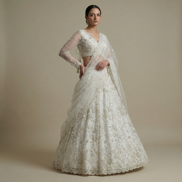 Off-white lehenga with sheer dupatta, V-neck blouse and full embroidered skirt