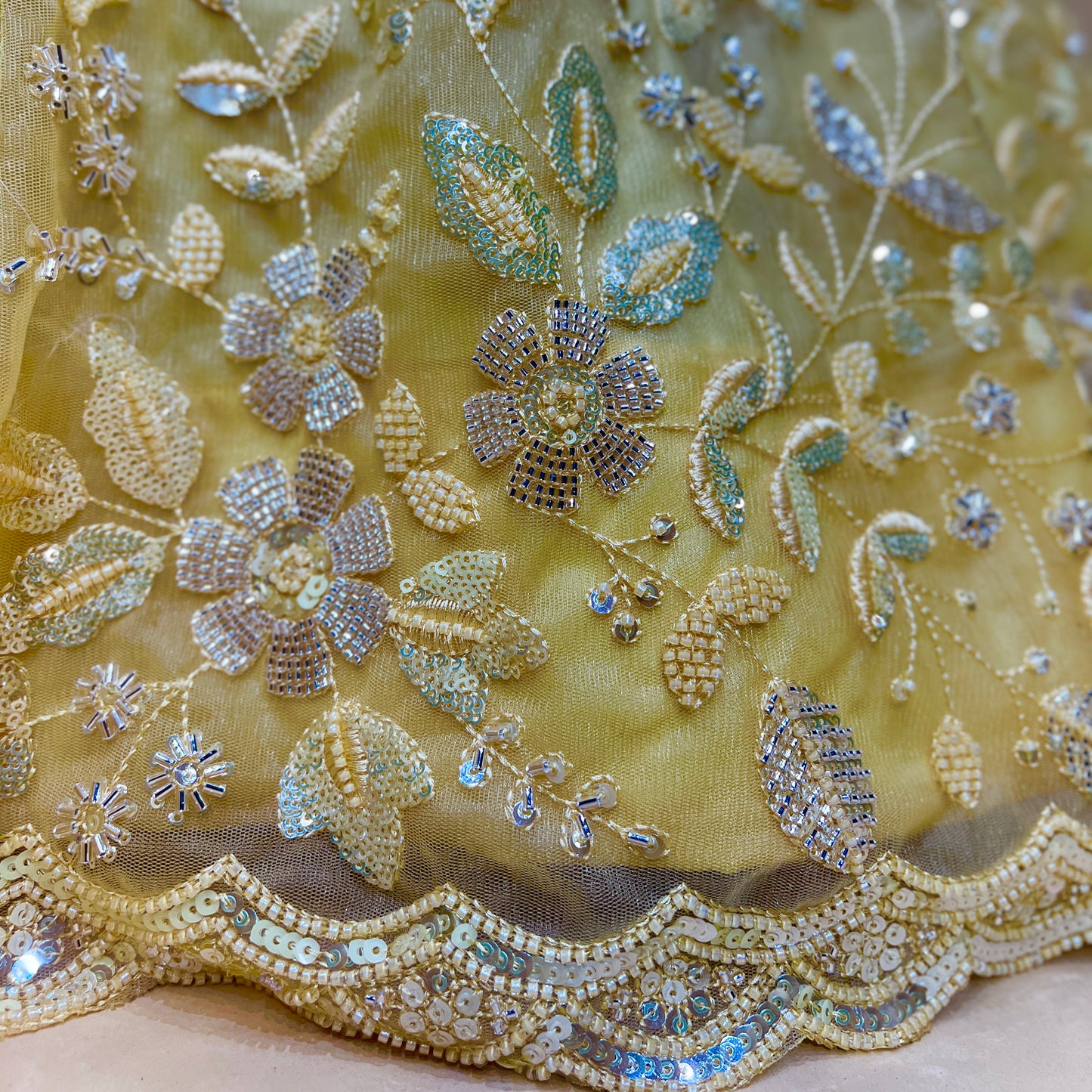 Jazzagals - Beads & Pearls Handwork Yellow Colored Designer Lehenga