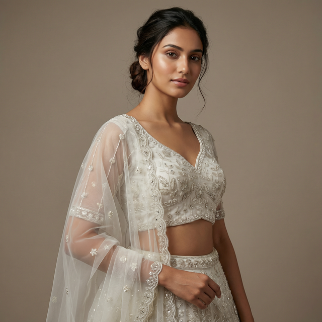 Off-white embroidered blouse with sheer sleeves, paired with lehenga skirt and belt