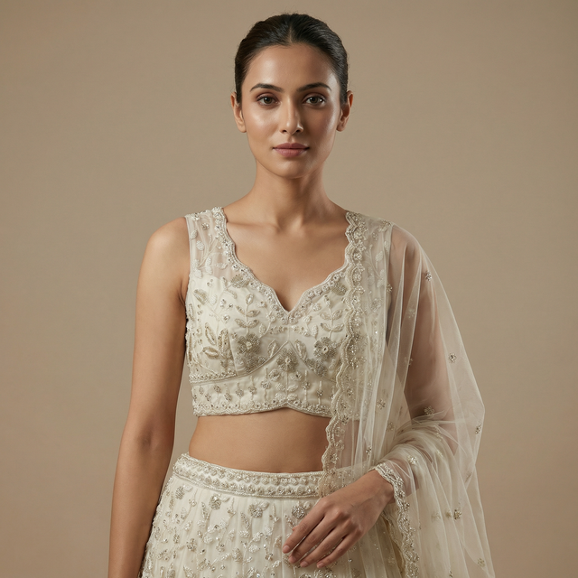 Off-white embellished lehenga blouse and skirt with sheer dupatta drape