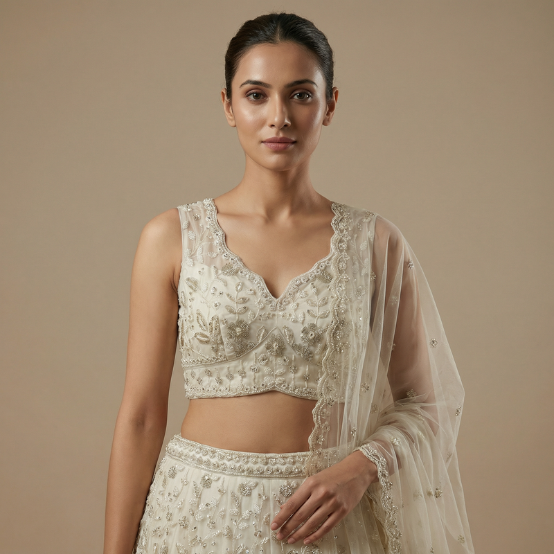 Jazzagals - Beads & Pearls Handwork Off White Designer Lehenga