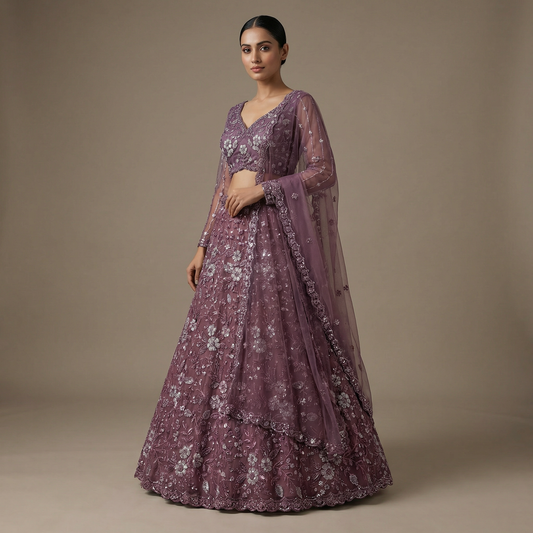 Jazzagals - Beads & Pearls Handwork Plum Colored Designer Lehenga