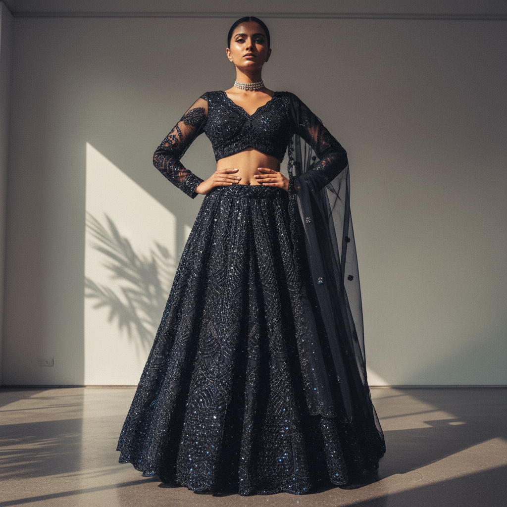 Jazzagals - Monotone Handwork Couture Designer Lehenga Jet Black