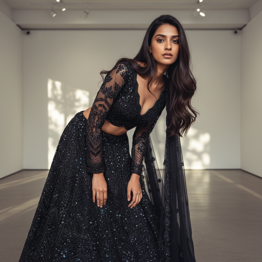 Jazzagals - Monotone Handwork Couture Designer Lehenga Jet Black