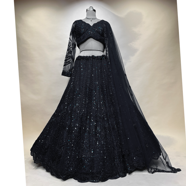 Jet black embellished lehenga with flared skirt and sheer dupatta