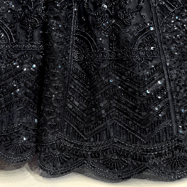 Jet black beaded lehenga skirt with ornate zigzag handwork detailing