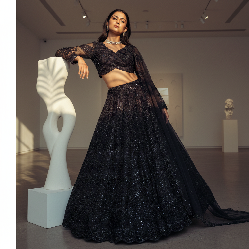 Jazzagals - Monotone Handwork Couture Designer Lehenga Jet Black