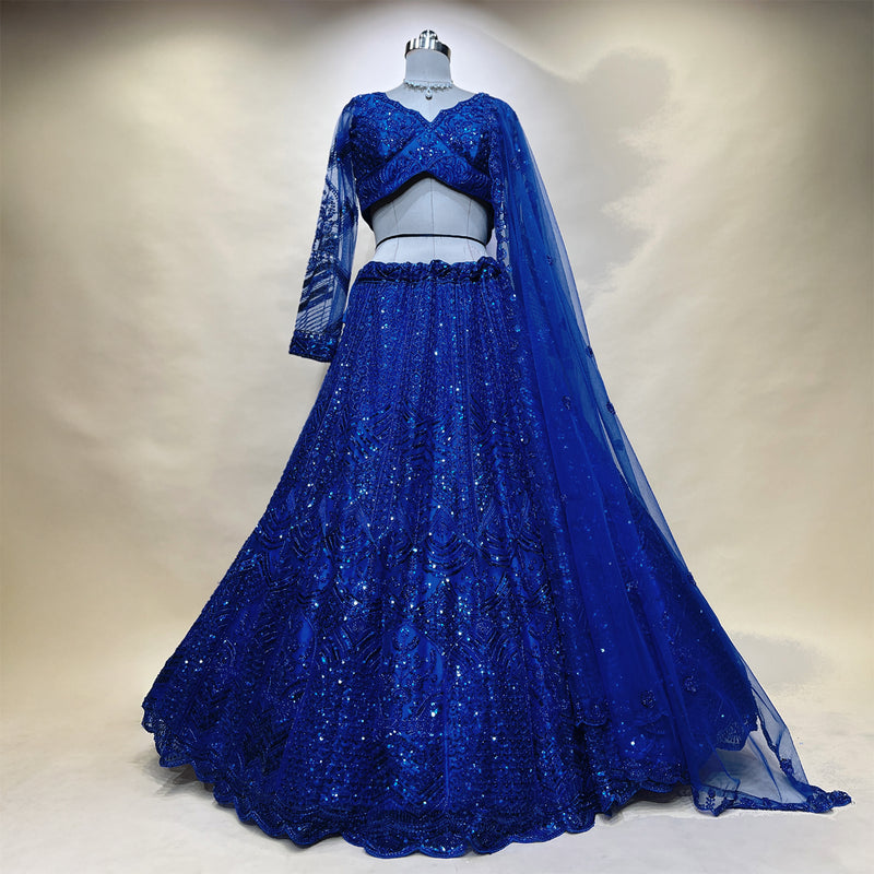 Blue sequin lehenga set with cropped blouse and full flared skirt