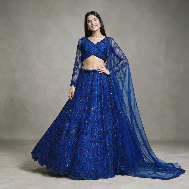 Jazzagals - Designer Monotone Handwork Couture Lehenga Blue