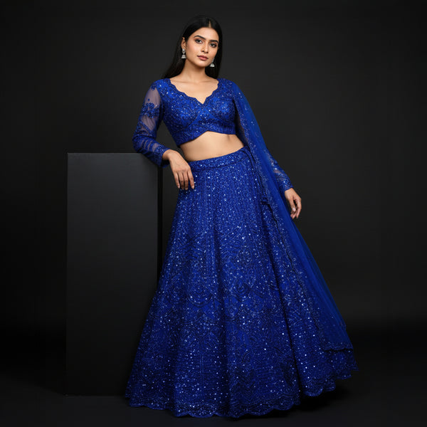 Jazzagals - Designer Replica Monotone Handwork Couture Lehenga Blue