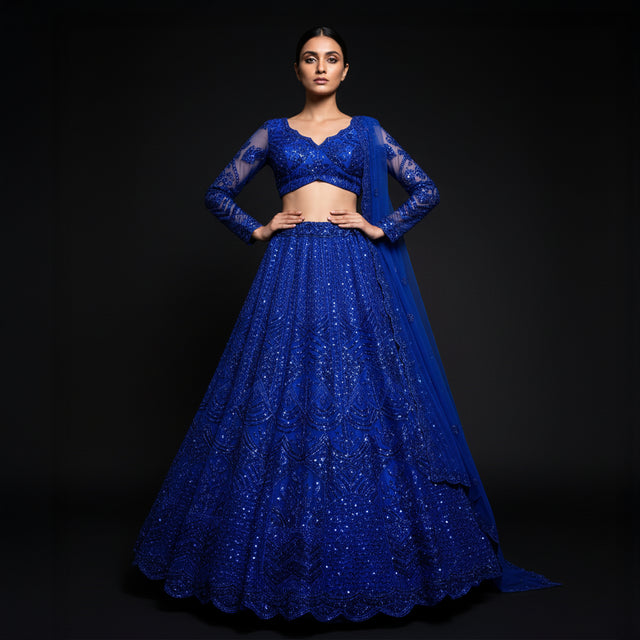 Blue sequined lehenga set with fitted blouse and full flared skirt, long sleeves