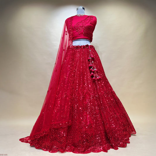 Jazzagals - Monotone Red Handwork Designer Wedding Wear Lehenga