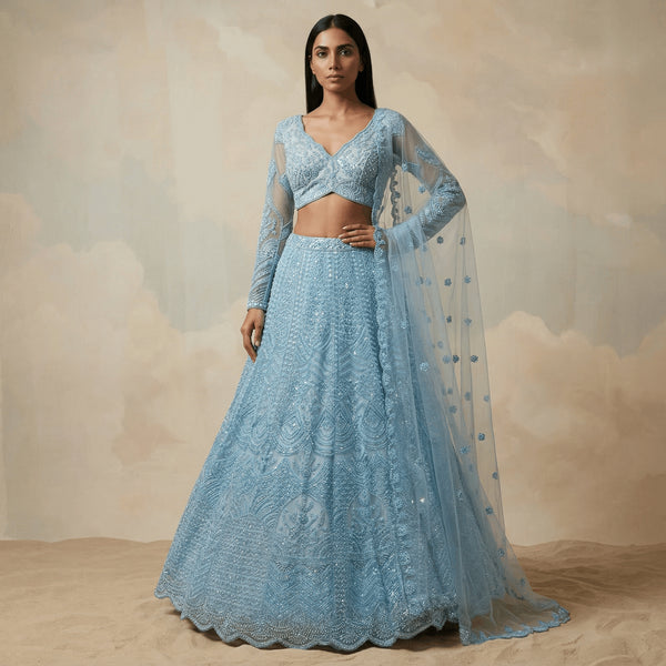 Powder blue embroidered lehenga with long sleeves and sheer dupatta