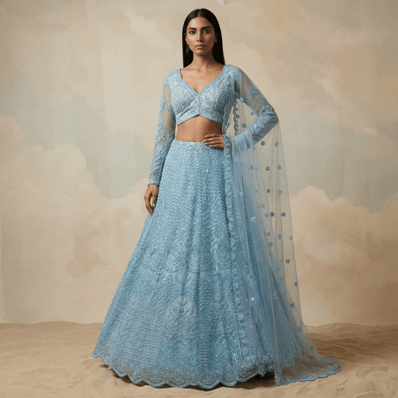 Powder blue beaded lehenga with embroidered blouse and sheer dupatta