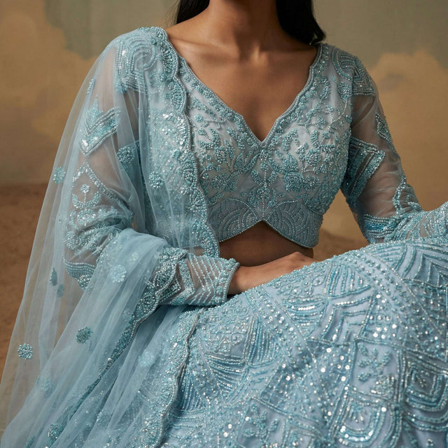 Beaded V-neck crop blouse in powder blue with embellished long sleeves and dupatta