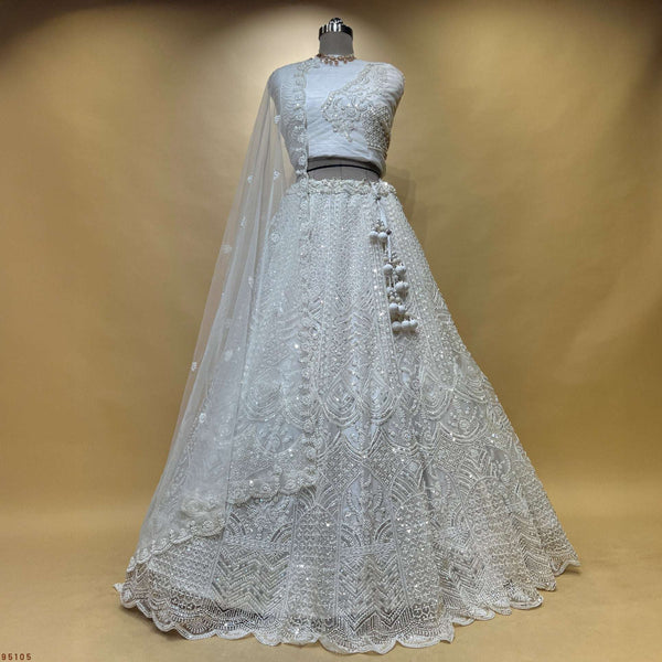 Jazzagals - Beads & Pearls Handwork Off White Dreamy Partywear Lehenga