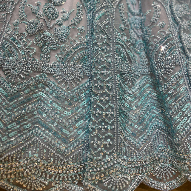 Powder blue beaded and sequined embroidery with ornate decorative motifs