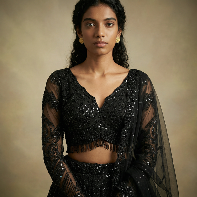 Jet black beaded lehenga blouse with sheer sleeves and matching flared skirt