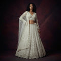 Off-white embellished lehenga set with V-neck blouse and long flared skirt