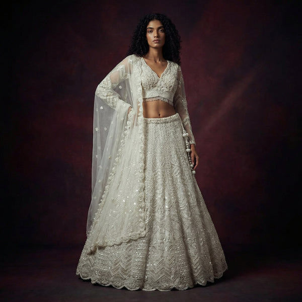 Off-white embellished lehenga set with V-neck blouse and long flared skirt