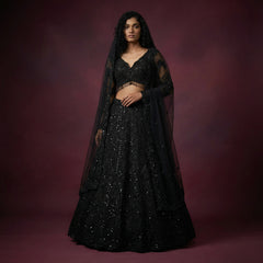 Jazzagals black embellished lehenga with V-neck blouse and sheer dupatta