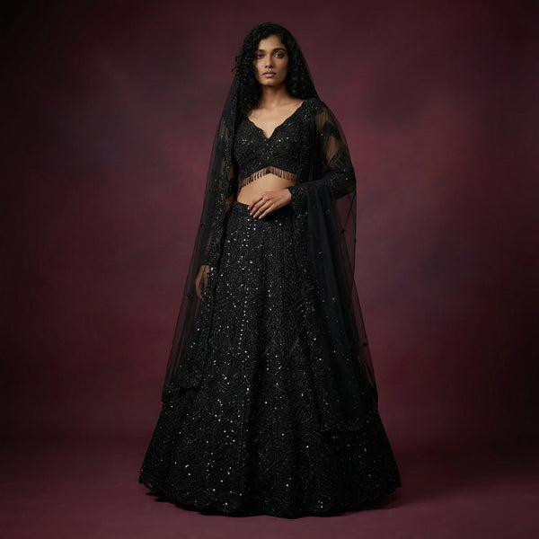 Jazzagals black embellished lehenga with V-neck blouse and sheer dupatta