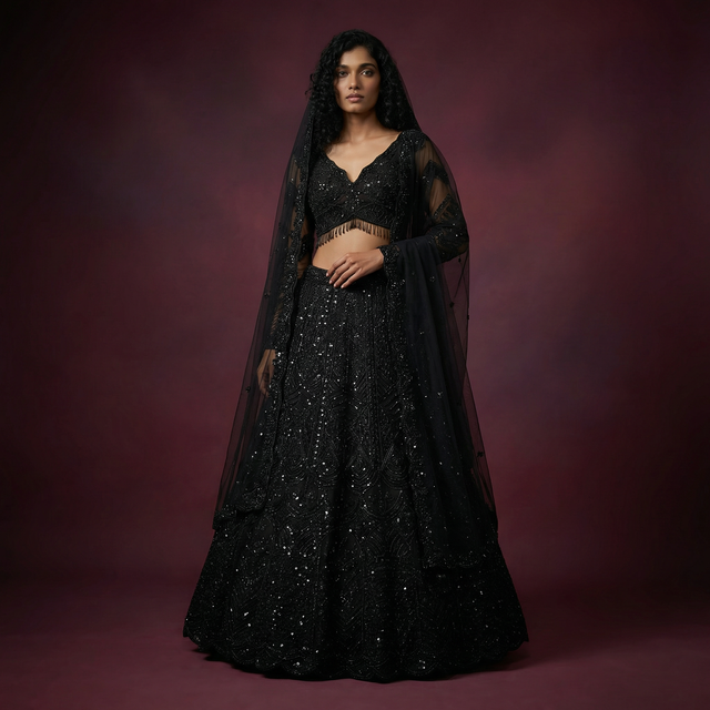 Jet black lehenga with crop blouse, flared skirt, and sheer draped dupatta