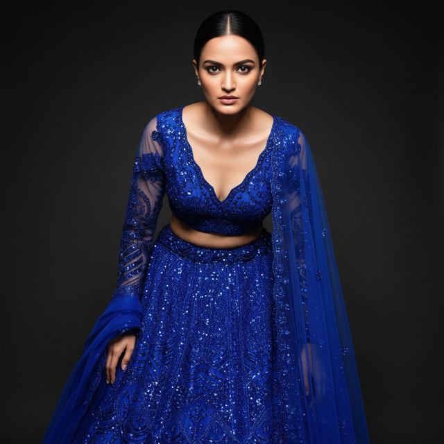 Blue sequined lehenga set with V-neck blouse, sheer sleeves, and draped dupatta