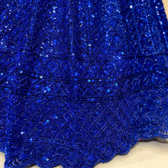 Royal blue sequin lehenga skirt with ornate beaded border and scalloped hem