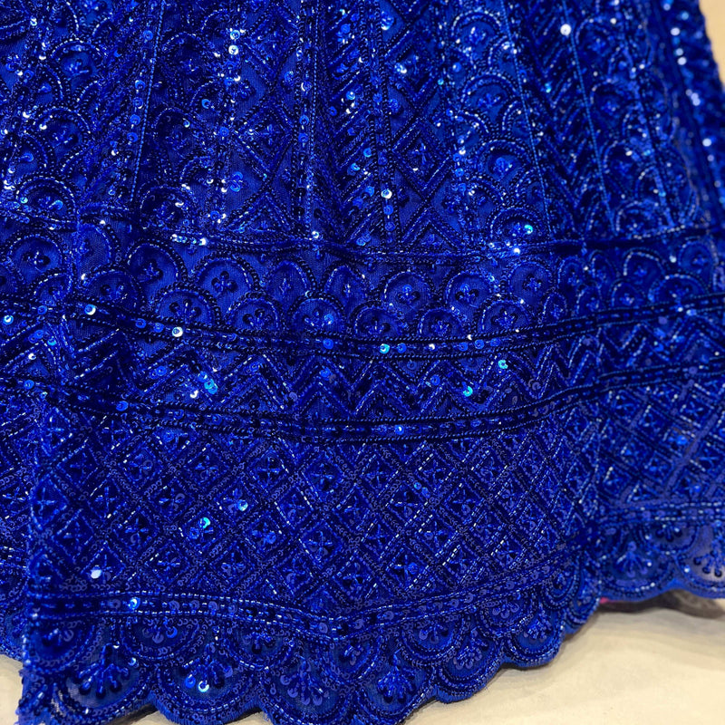 Royal blue sequin lehenga skirt with ornate beaded border and scalloped hem